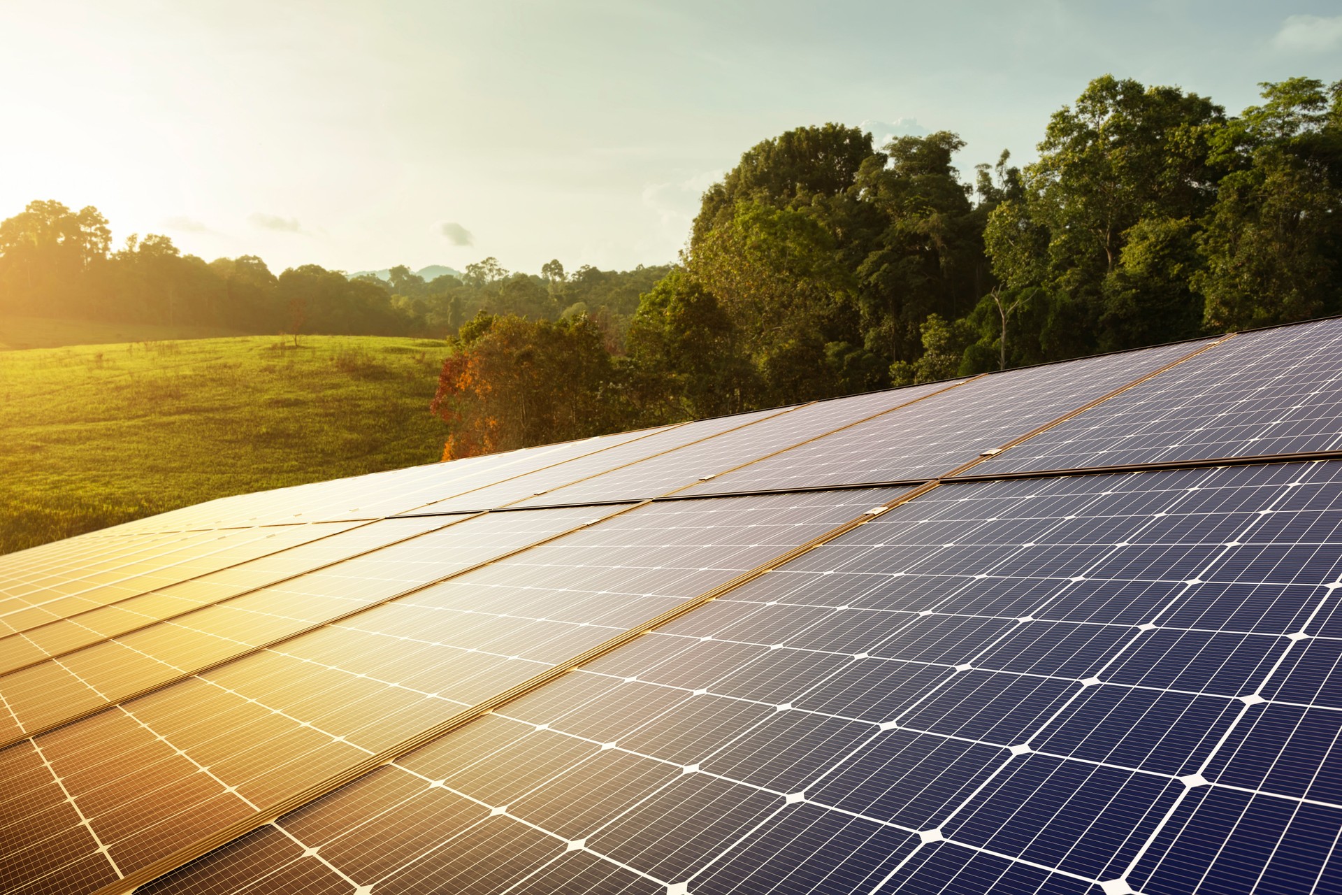 pannelli solari e natura verde, energie rinnovabili. energia sostenibile per le aziende, le case e le smart city. Nuova generazione di potenza. pulito e rispettoso dell'ambiente.